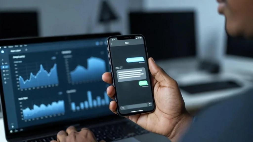 Tech professional using a laptop and smartphone to receive a secure SMS verification code in a modern office environment