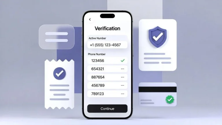 Smartphone showing an active phone number receiving SMS verification codes in a secure number purchasing dashboard