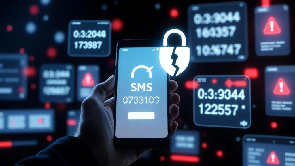 Smartphone displaying an exposed SMS verification code, symbolizing the security risks of using free phone numbers for account verification