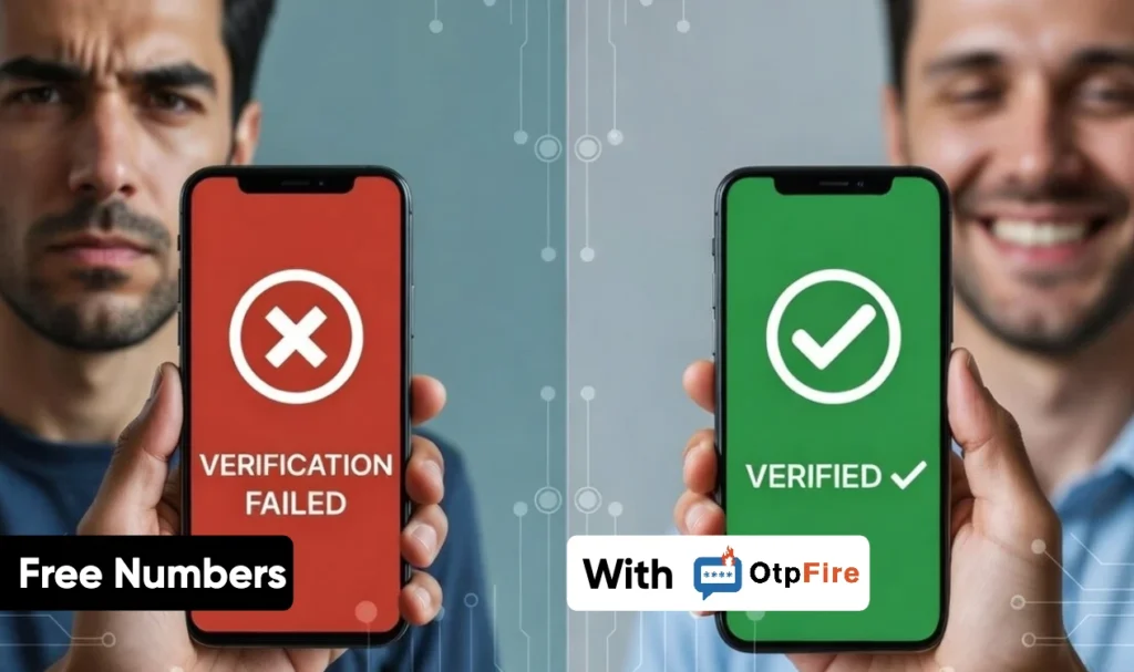 Split-screen SMS verification comparison showing failure on the left with a frustrated person holding a phone displaying “Verification Failed,” and success on the right with a happy person holding a phone showing “Verified” with a green checkmark, illustrating non-VoIP SMS verification reliability.
