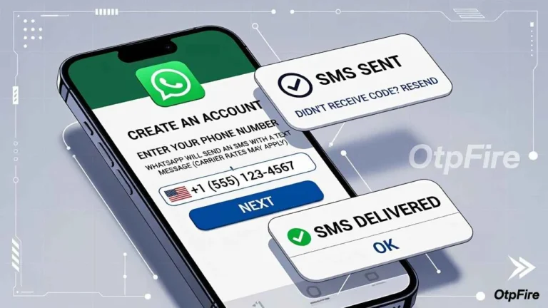 OtpFire dashboard showing step-by-step WhatsApp account verification using a real USA non-VoIP number.