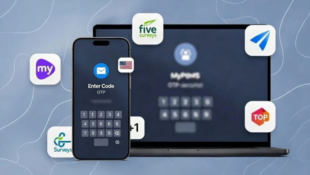 SMS verification for online survey platforms using a USA phone number, showing MyPoints, Five Surveys, and Top Surveys verification on a mobile dashboard.