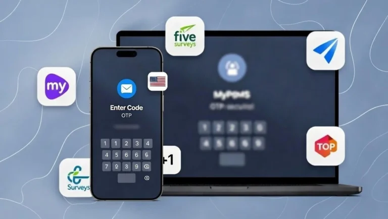 SMS verification for online survey platforms using a USA phone number, showing MyPoints, Five Surveys, and Top Surveys verification on a mobile dashboard.