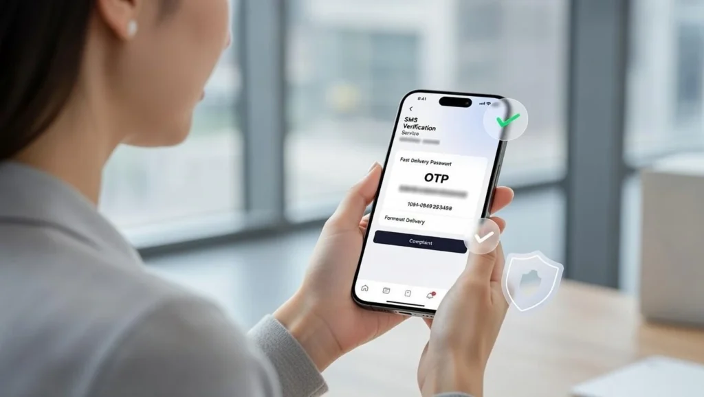A woman holding a smartphone receiving an SMS verification code with a blurred OTP and masked phone number, representing a secure SMS verification code service in 2026.