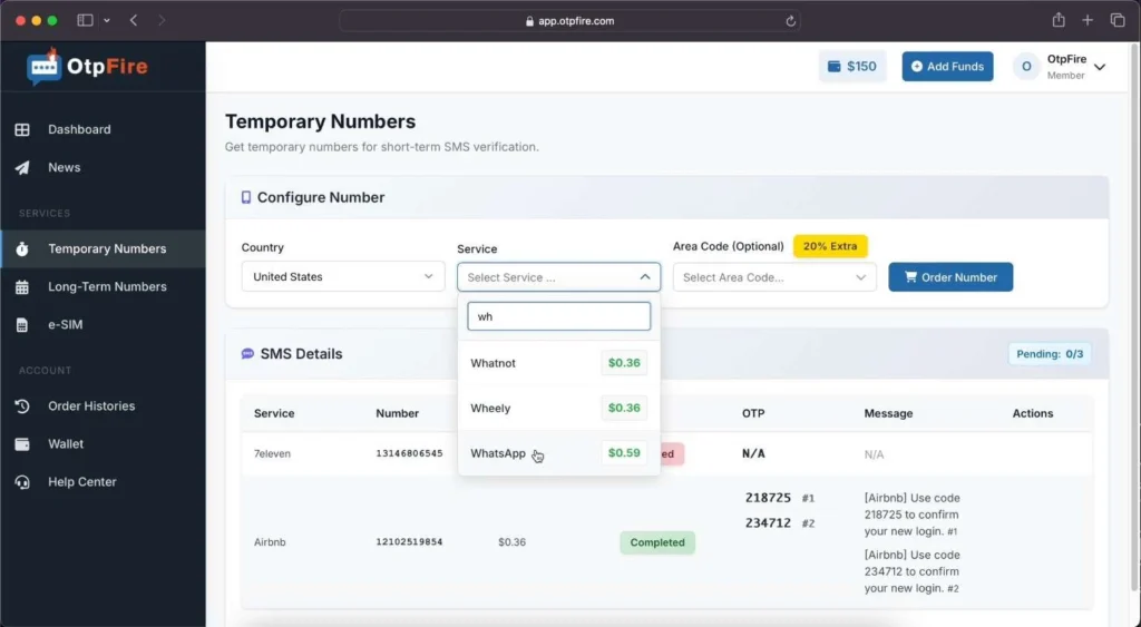 OtpFire dashboard Step 2: Select WhatsApp from the service dropdown, optionally choose an area code, and click 'Order Number'.