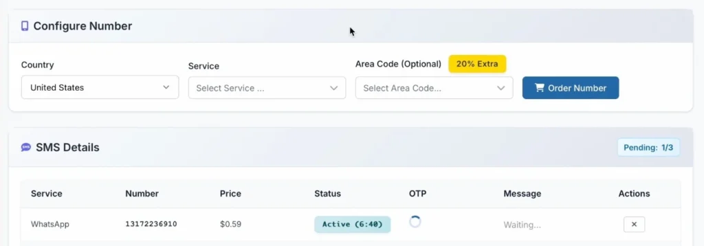 OtpFire dashboard Step 3: Display of the assigned USA number for WhatsApp verification.