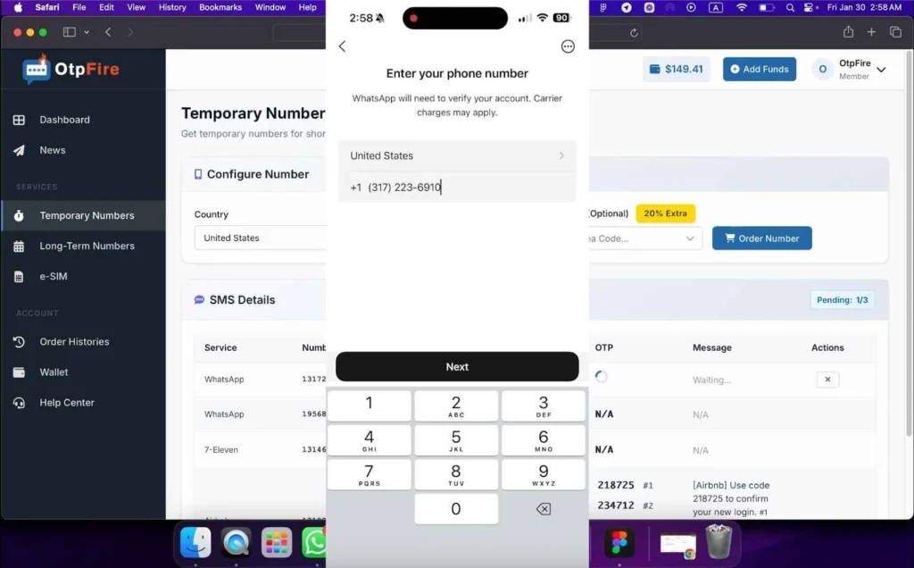Step 4: WhatsApp registration screen showing selection of United States and entry of the assigned USA number from OtpFire.
