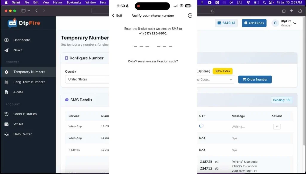 Step 5: WhatsApp verification screen showing clicking 'Next' to send the SMS to the assigned USA number.