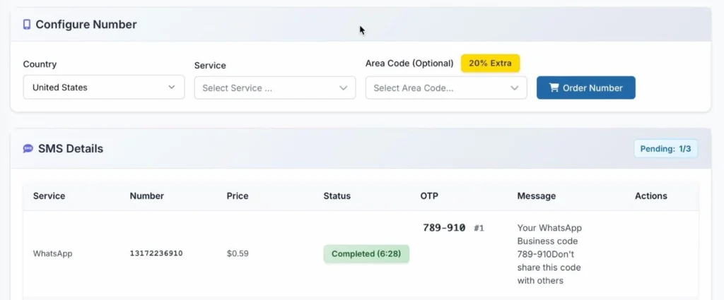 Step 6: OtpFire dashboard showing received verification SMS for the assigned USA number.