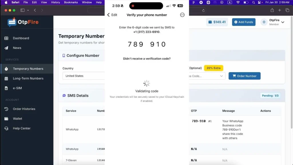 Step 7: Entering the verification code received on OtpFire into WhatsApp to complete account setup.