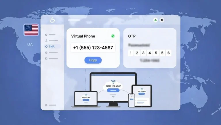 Virtual phone number for SMS verification shown on a cloud dashboard receiving a verification code across multiple devices